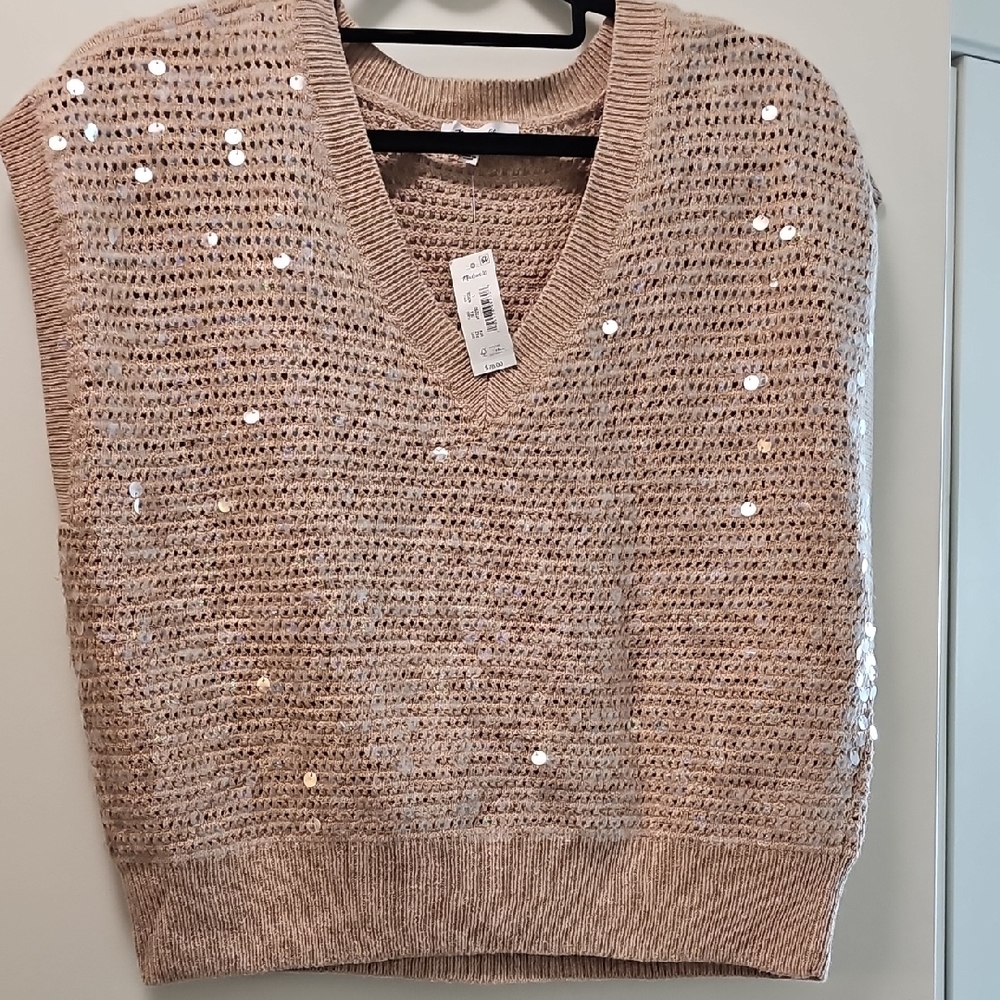 NWT Madewell Beige V-Neck Sweater with Sequins